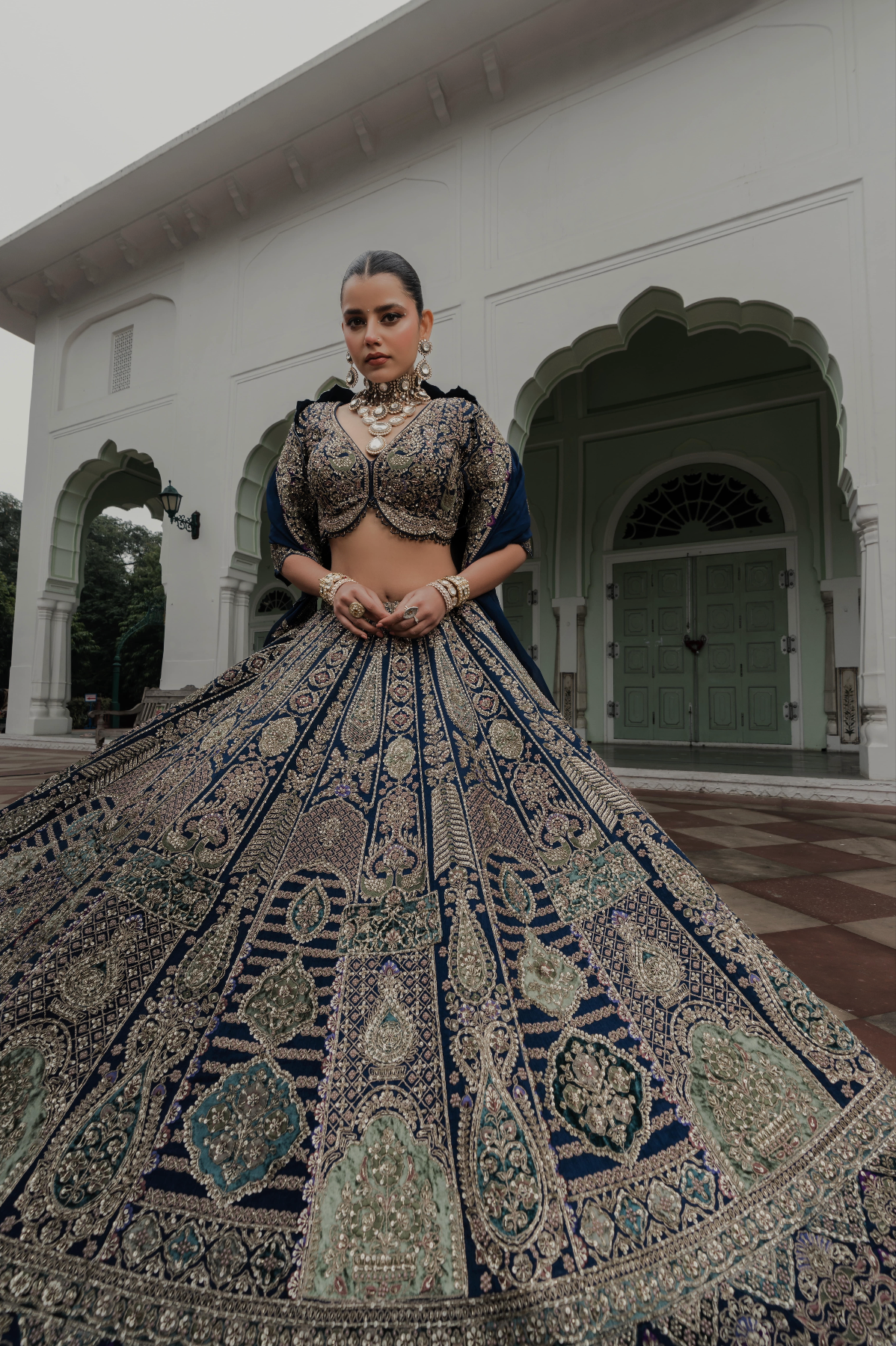 Zariah Teal Blue Velvet Zardosi Lehenga