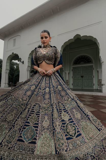 Zariah Teal Blue Velvet Zardosi Lehenga
