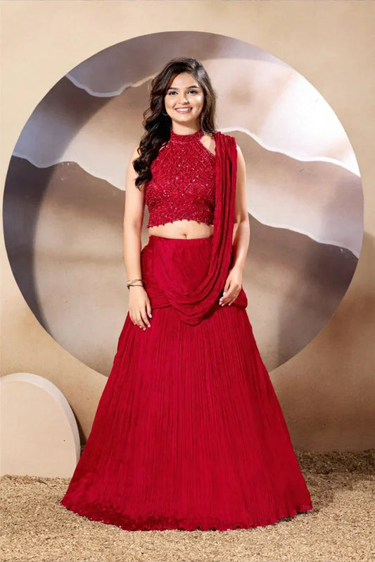 Crimson Pleated Lehenga Set