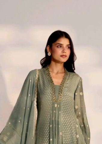 Pista Green Flared Anarkali Palazzo Set