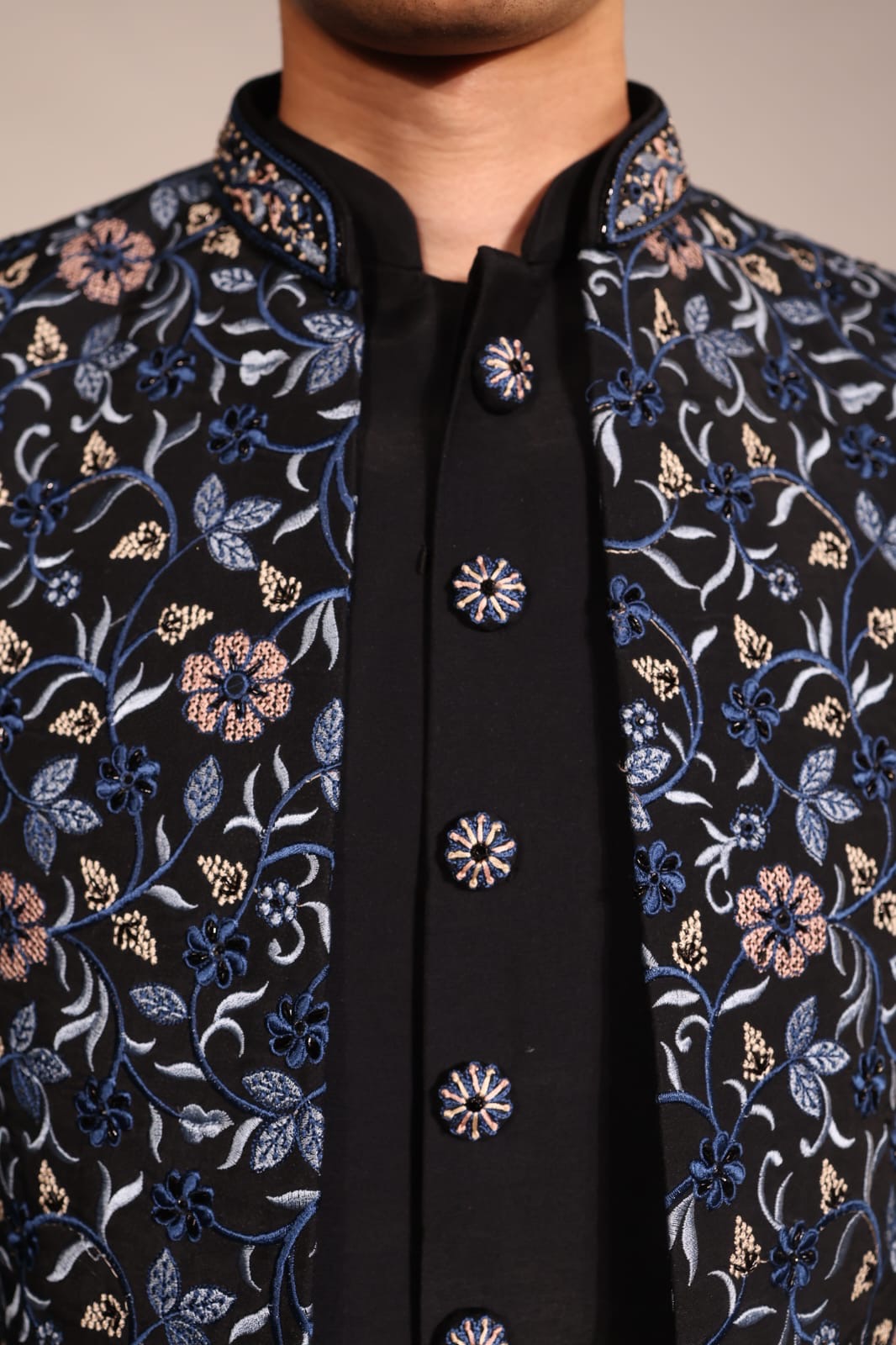Midnight Blue Floral Embroidered Indo-Western Set