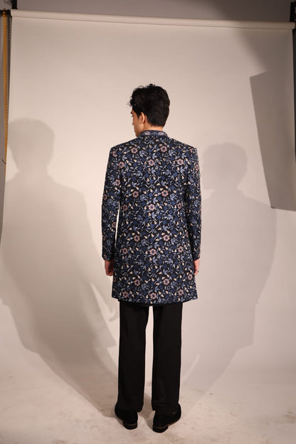 Midnight Blue Floral Embroidered Indo-Western Set