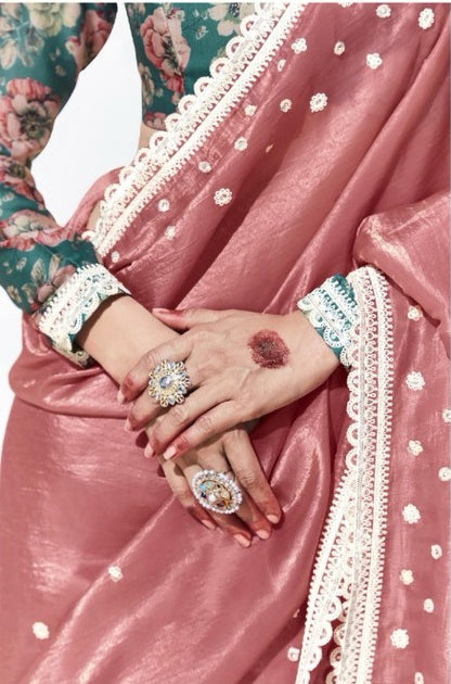 Pink Organza Saree with Multicolor Satin Silk Blouse for Party Wear