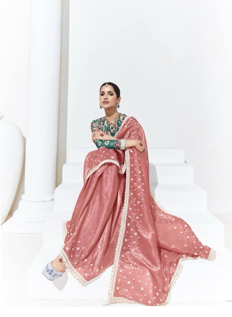 Pink Organza Saree with Multicolor Satin Silk Blouse for Party Wear