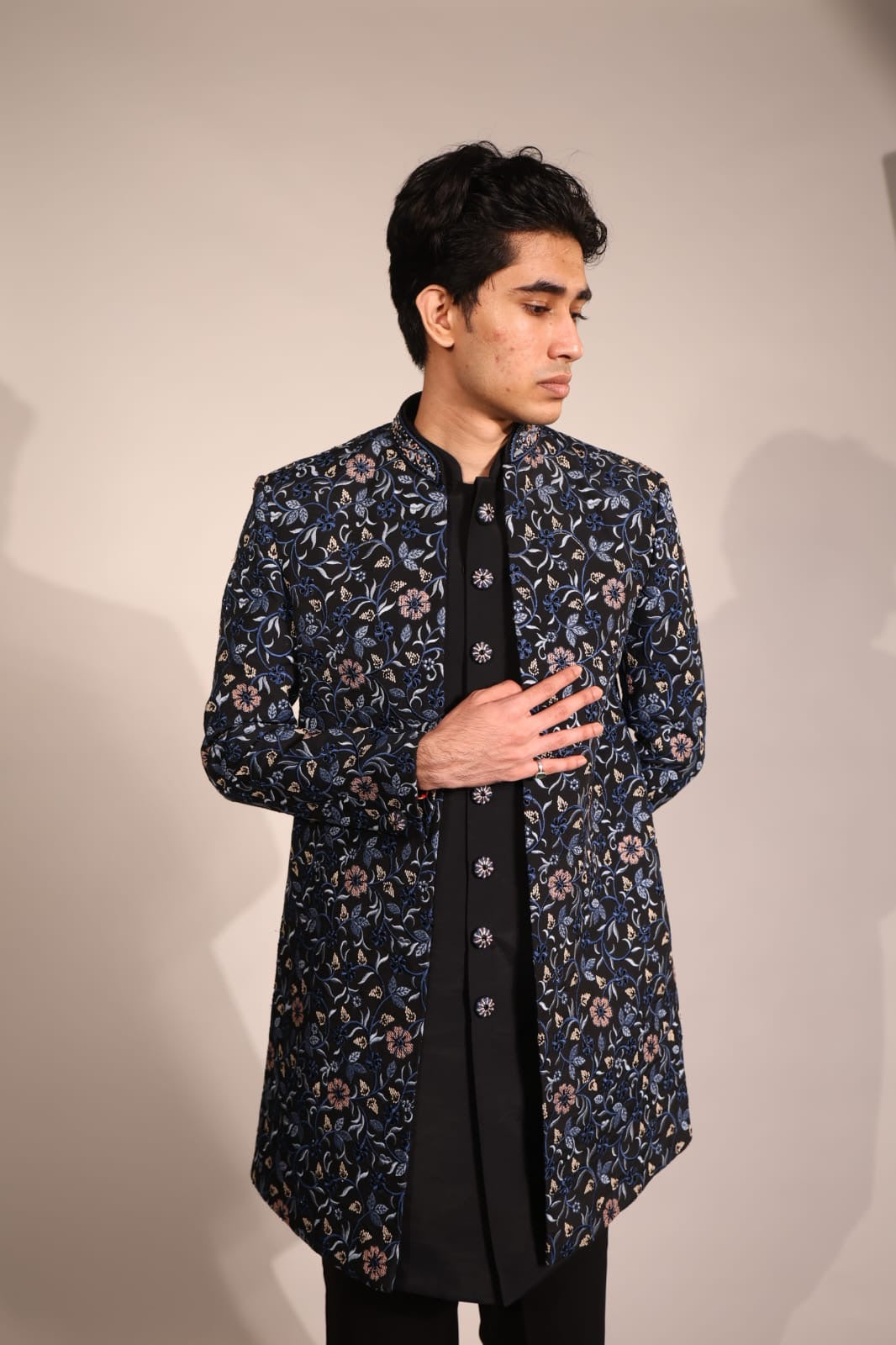 Midnight Blue Floral Embroidered Indo-Western Set