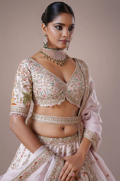 Pale Pink Umbrella Style Silk Bridal Lehenga with Leaf Neck Blouse