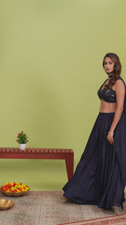 Blue Mirror work Lehenga Choli With V Neck Blouse