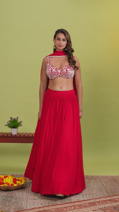 Red Lehenga Set With Floral Pearl Hand Embroidered Blouse