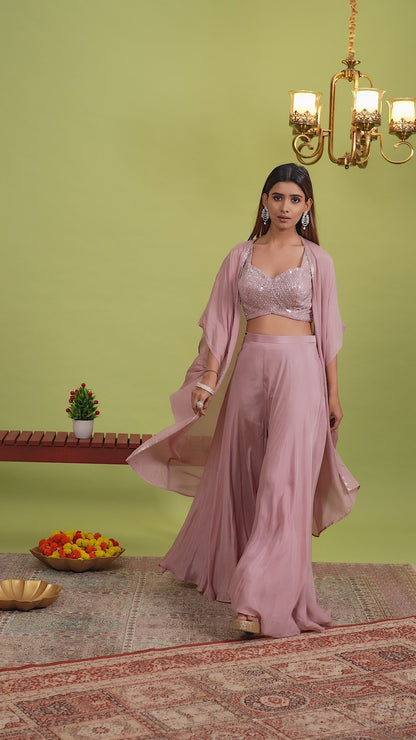 Blush Pink Sequin Crop Top with  Shrug & Palazzo Set