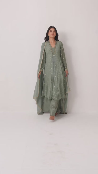 Pista Green Flared Anarkali Palazzo Set