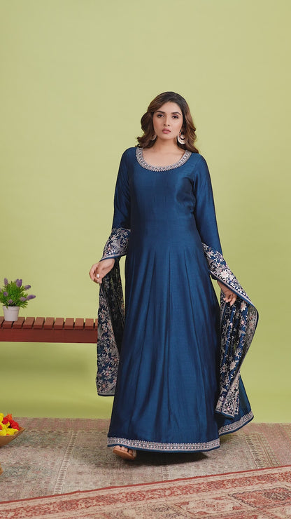 Dark Blue Anarkali Set With Flora Embroidery work Dupatta