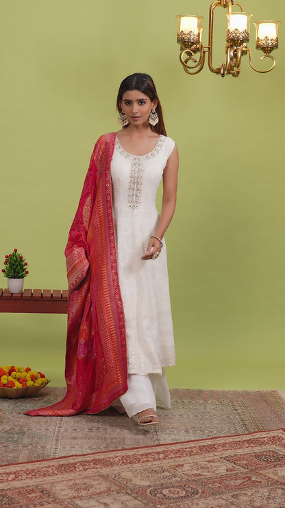 White Anarkali Kurta With Silk Dupatta