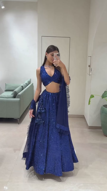 Electric Blue Sparkle Sequin Lehenga Choli Set