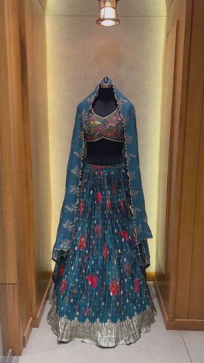 Royal Blue Lehenga with Flora Printed