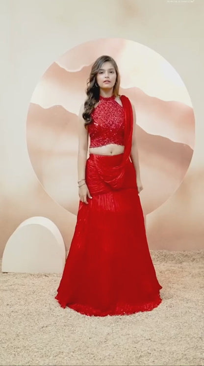 Crimson Pleated Lehenga Set