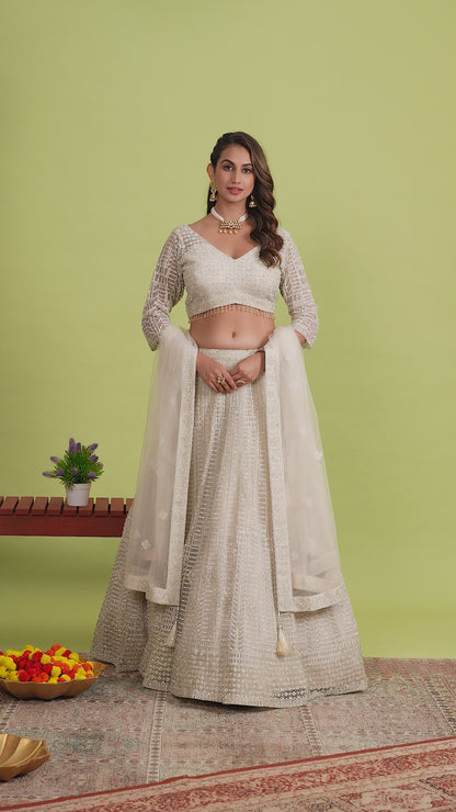Cream Beige Stone Embellished Net Panelled Style Lehenga