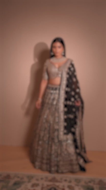 Black Georgette Bridal Lehenga with Gold Zardosi Embroidery