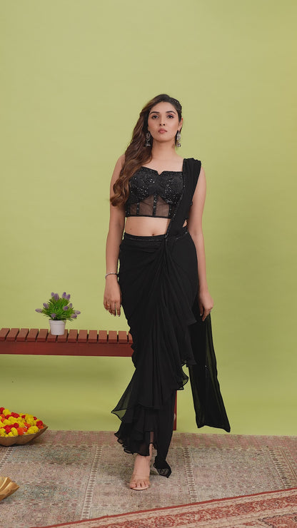 Black Georgette Designer Drape Saree With Sequins Work Blouses