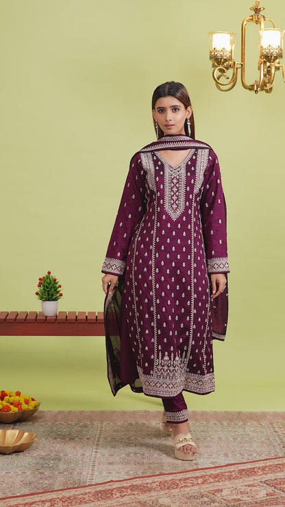 Maroon Embroidered Straight Kurta Set
