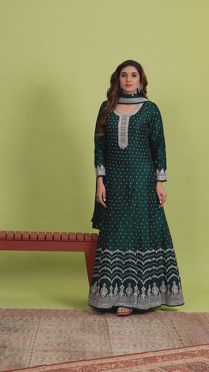 Mehndi Green Zariwork Art Silk Anarkali Suit