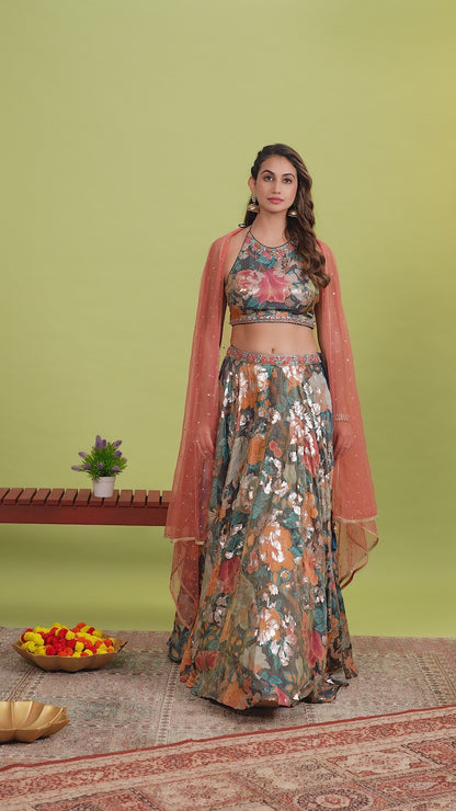Flora Printed Embroidered Lehnga Choli With Net Dupatta