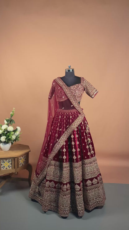 Maroon Velvet Zari & Sequin Heavy Bridal Lehenga Set