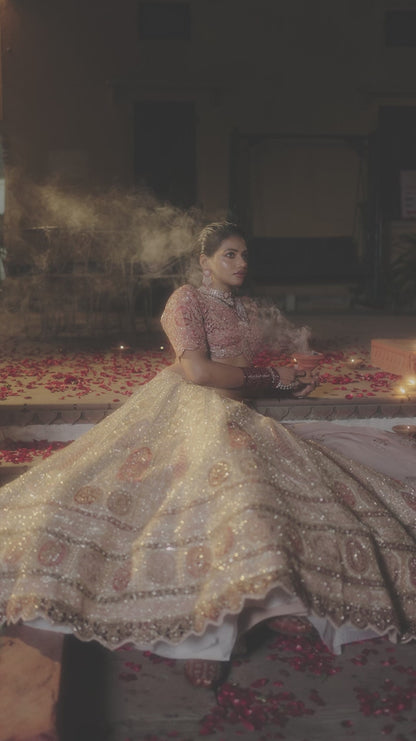 Ivory and Coral Hand-Embroidered Lehenga Set