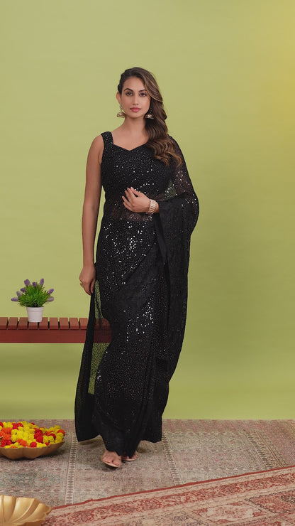 Black Net Sequins Sangeet Party Saree