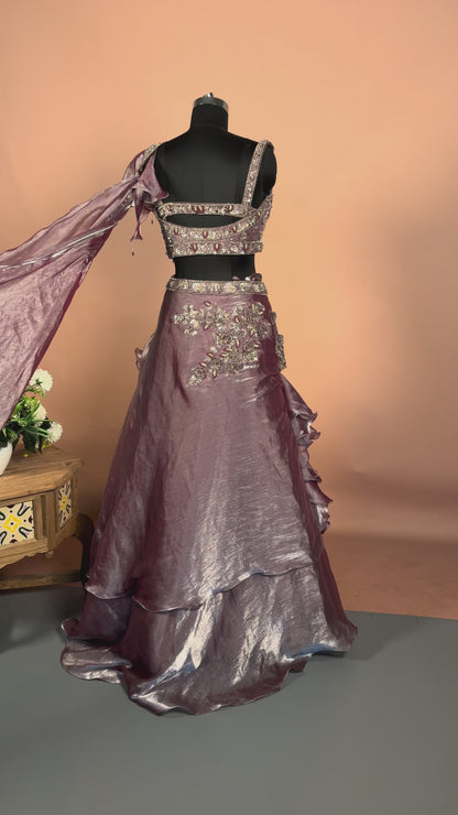 Mauve Metallic Ruffle Lehenga Set with Cutout Blouse