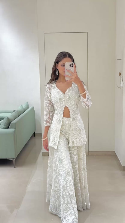 Ivory White Indo-Western Set with Delicate Thread and Bead Embroidery