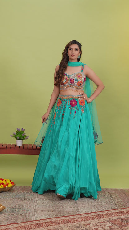 Blue Organza Bridesmaids Lehenga with Embroidery Neck Blouse