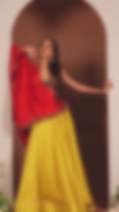 Musterd Yellow Chaniya Choli With Red Duptta