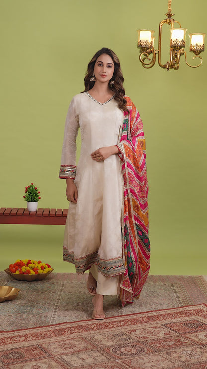 Off-White  Embroidered Anarkali Suit with Printed Dupatta