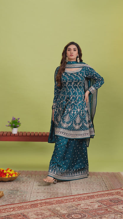 Mehndi Green Embroidered Patiala Kurti and Sharara set