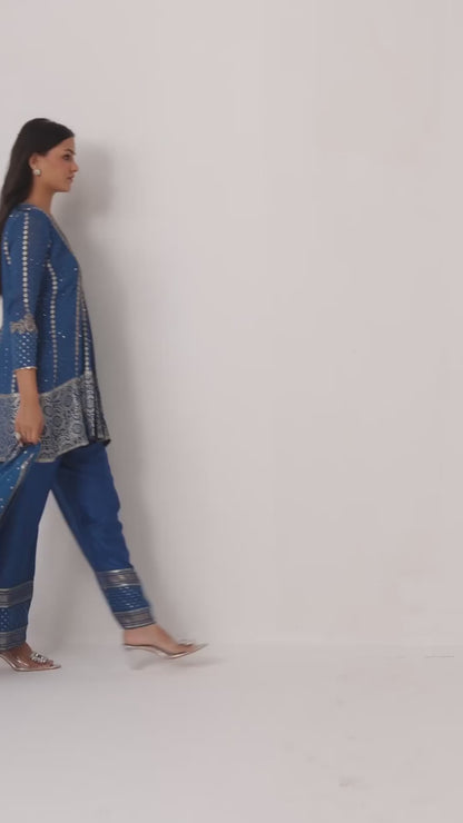 Dark Blue & Golden Work Kurti Pant Set