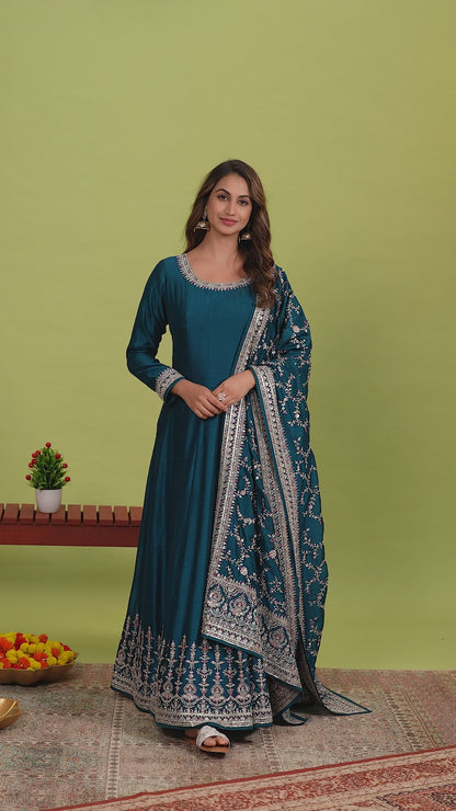 Peacock Blue Zariwork Art Silk Anarkali Suit