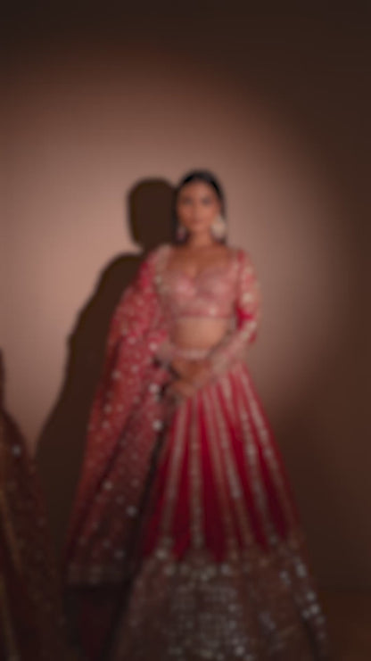 Fuchsia Pink Raw Silk Lehenga with Mirror and Zardosi Embroidery
