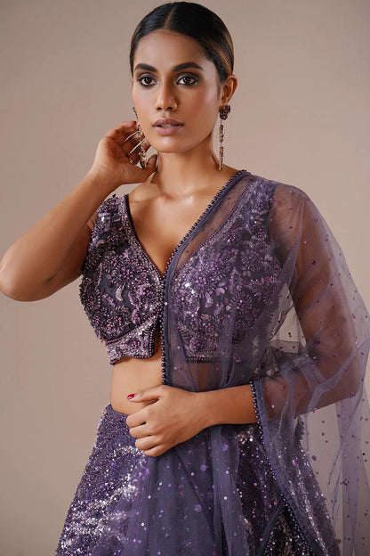 Purple Umbrella Style Net Engagement Lehenga