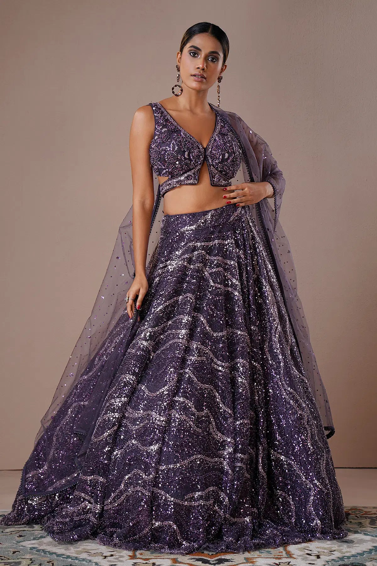 Purple Umbrella Style Net Engagement Lehenga