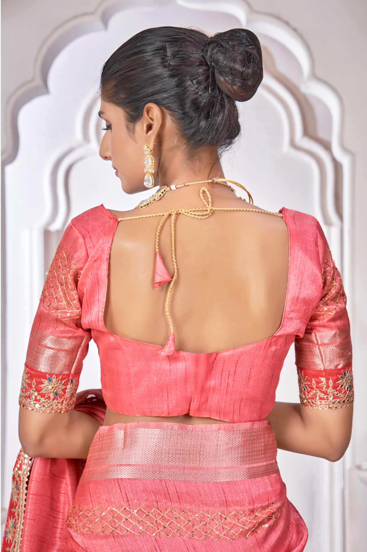 Peach Pink Linen Contemporary Cord Work Saree