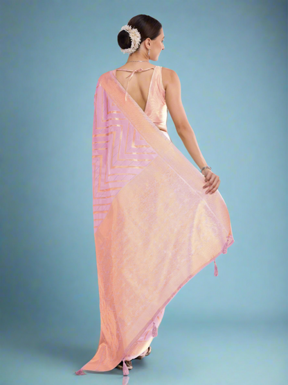 Pink Printed Georgette Saree with Golden Border