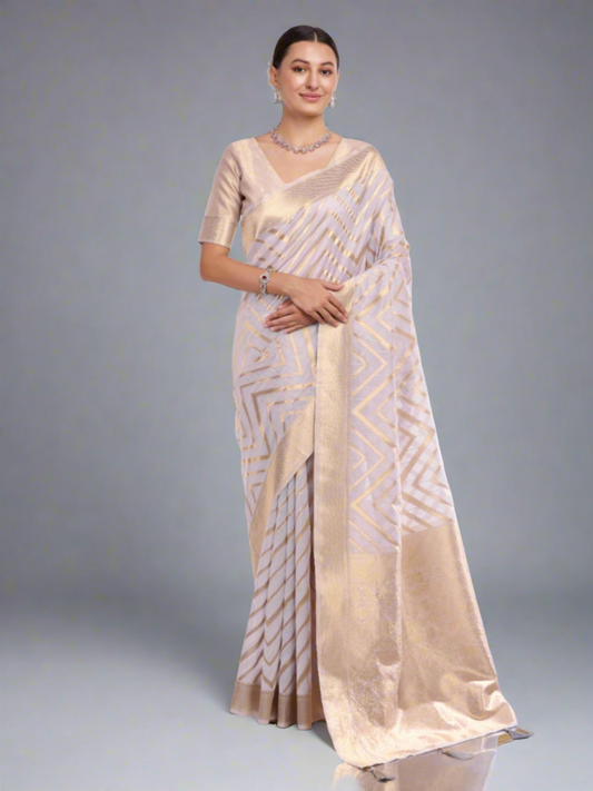 White and Gold Zari Work Silk Saree