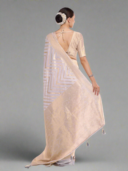 White and Gold Zari Work Silk Saree