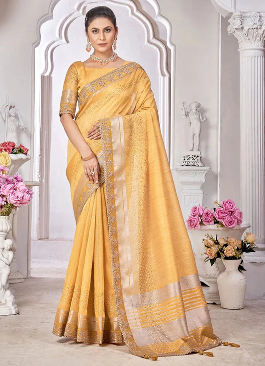 Yellow Linen Classic Saree with Cord Work